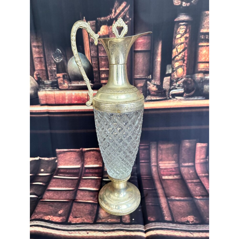 Vintage Garnier French Crystal Brass Liqueur Decanter - Ornate Cut Glass Pitcher
